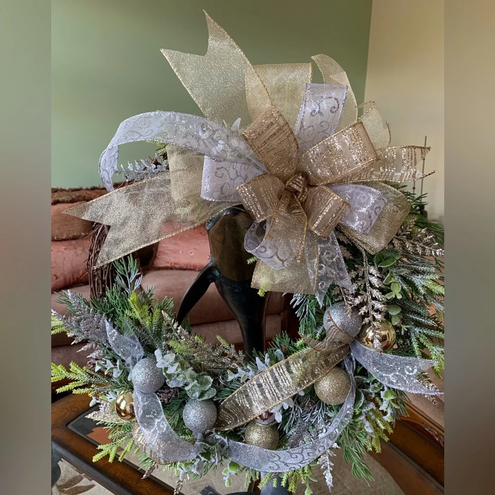HAND CRAFTED Gold and Silver Ornament Embellished Christmas Wreath